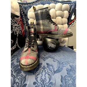 Dr Martens Grey and Red Plaid Flannel Boots Size 6/EU37